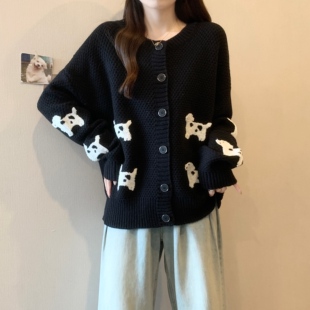 上衣女士女款2026大码春季新款黑色小狗开衫宽松显瘦毛衣针织衫女