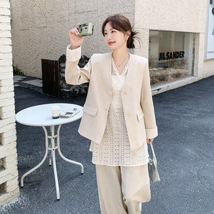 2026春季轻熟风V领西装西服外套女款蕾丝无袖裙拼接气质三件套装