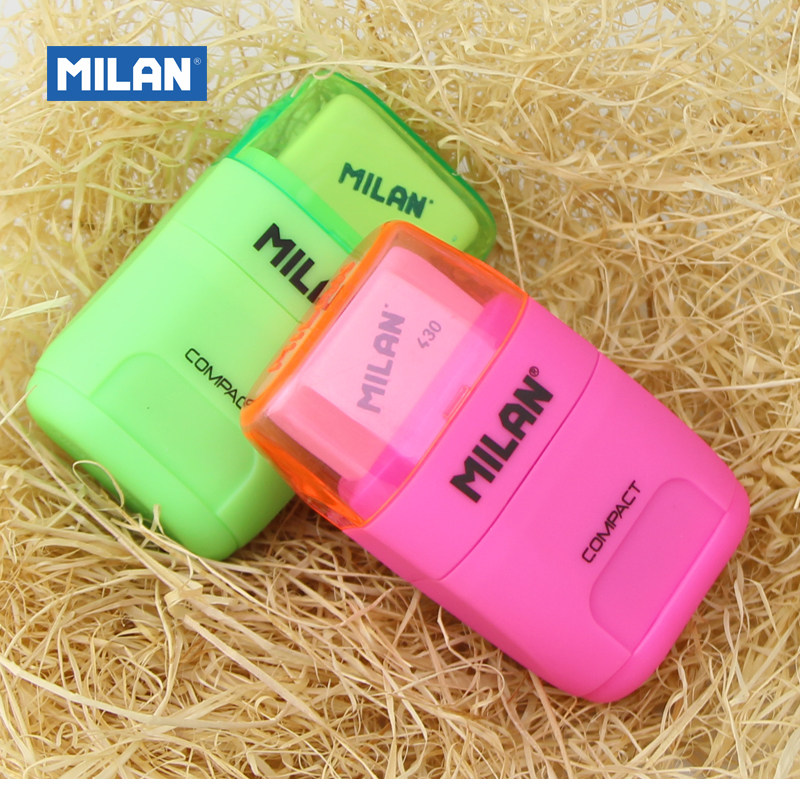 西班牙MILAN米兰双孔卷笔刀+橡皮刨刀荧光色素描铅笔刀削笔器9116