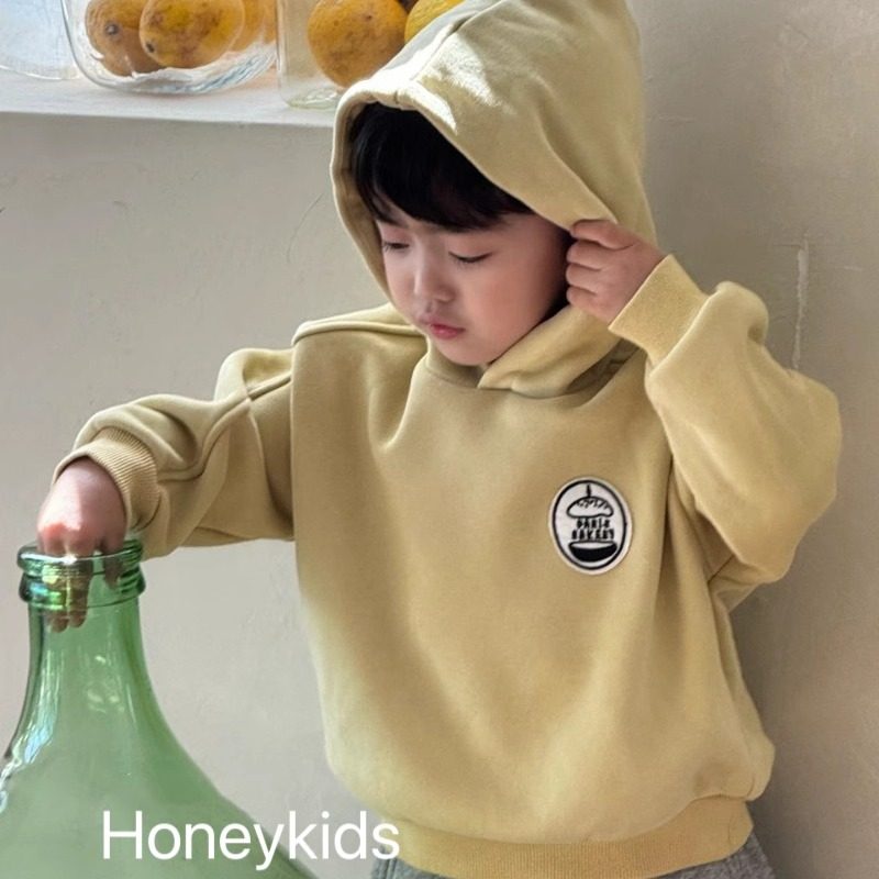 儿童黄色连帽加绒卫衣2025冬季新款男女童韩系洋气中小童套头上衣