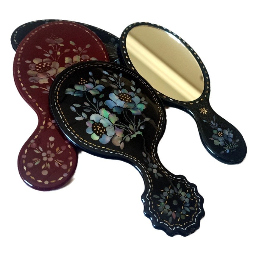 螺钿漆器小镜子复古迷你小号椭圆形镶贝美妆镜礼品化妆镜古典配饰