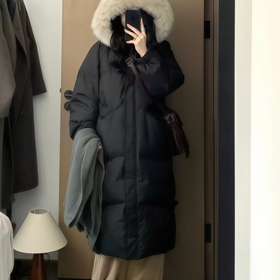 大毛领羽绒服女加厚中长款过膝