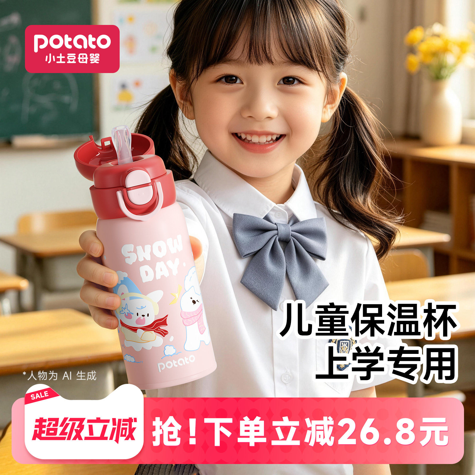 小土豆儿童专用保温水杯女孩上学吸管保温杯儿童幼儿园官方喝水杯