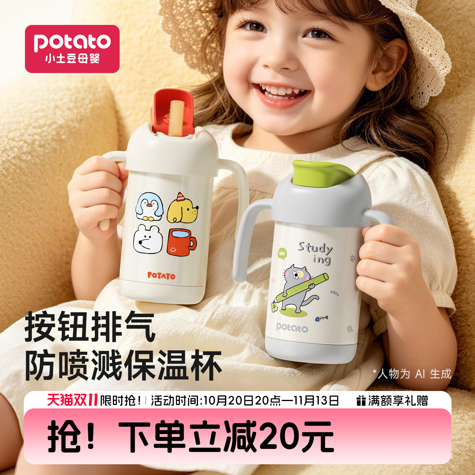 小土豆儿童保温杯宝宝学饮吸管水杯按压排气防喷保温奶瓶1-3岁新