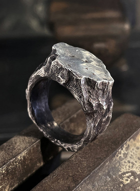 七尚原创设计《顽石》手工银开口戒指粗犷岩石复古游牧风重磅潮男