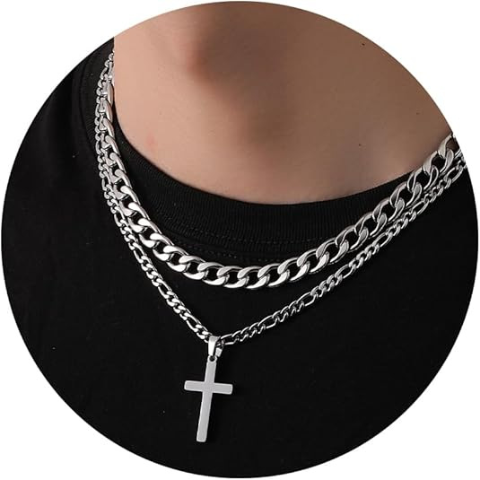 欧美新款时尚嘻哈古巴不锈钢双层叠戴项链小众设计冷淡十字架吊坠