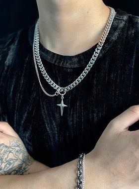 小众设计中性无性别钛钢双层芒星吊坠项链男女嘻哈高级感锁骨链潮