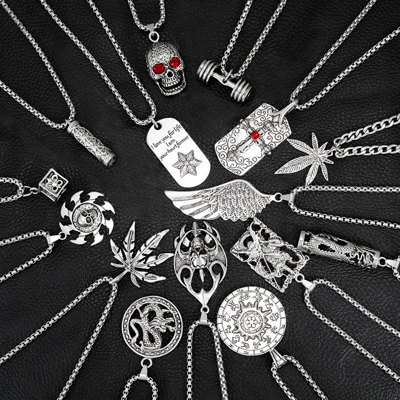 创意饰品欧美个性潮人钛钢男士 嘻哈项链十字架树叶吊坠复古配饰
