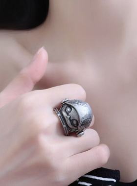 复古做旧海盗猫戒指女ins小众设计霸气可爱嘻哈活口可调节指环潮