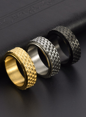 亚马逊饰品复古男式不锈钢龙鳞可旋转戒指时尚简约潮男食指环配饰