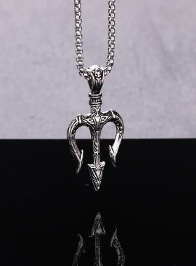 海王三叉戟项链男潮流个性霸气长款毛衣链时尚复古仿泰银叉子嘻哈