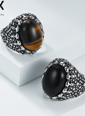 千风欧美朋克饰品骷髅头虎眼石钛钢戒指男个性暗黑街头潮流食指环