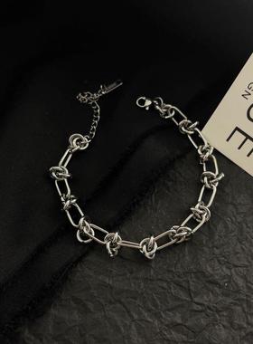 国潮简约暗黑系嘻哈小众ins潮男钛钢新款情侣绳结层次链条手链