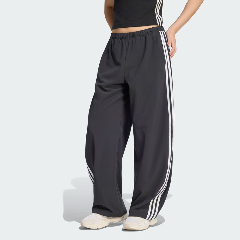 Adidas阿迪达斯秋季女运动长裤黑色侧条纹松紧腰宽松阔腿裤KZ4210
