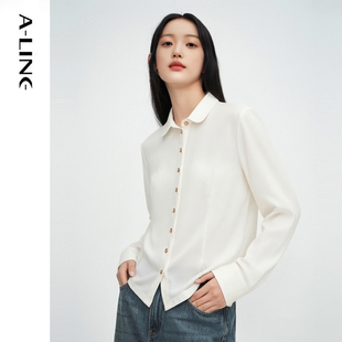 Aline/阿莱黑白纯色弹力修身金属扣翻领长袖衬衫 2026早春女装