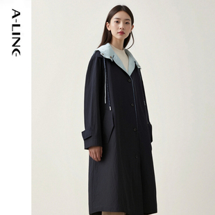 Aline/阿莱双色双面两穿翻领连帽长款休闲肌理感风衣 26早春女装