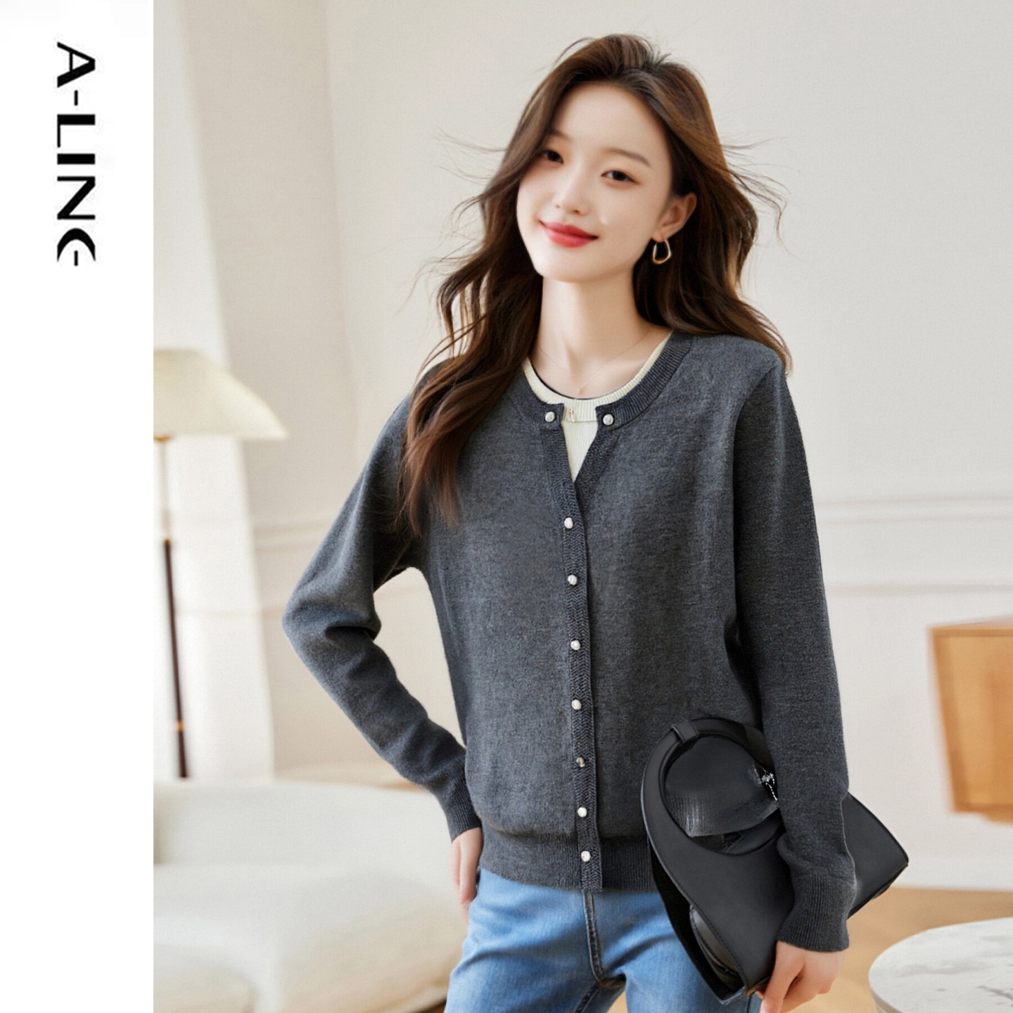 阿莱精致优雅圆领假两件针织衫