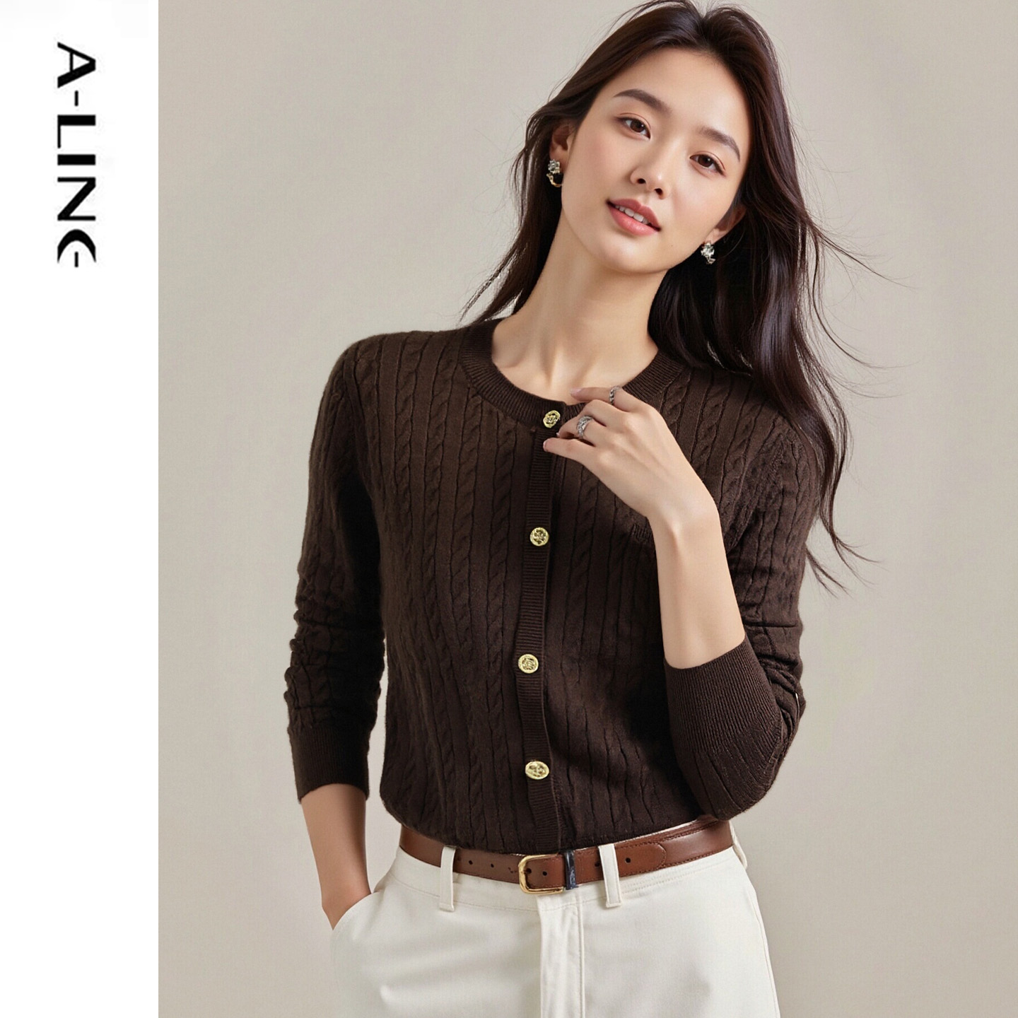 阿莱复古绞花圆领针织开衫