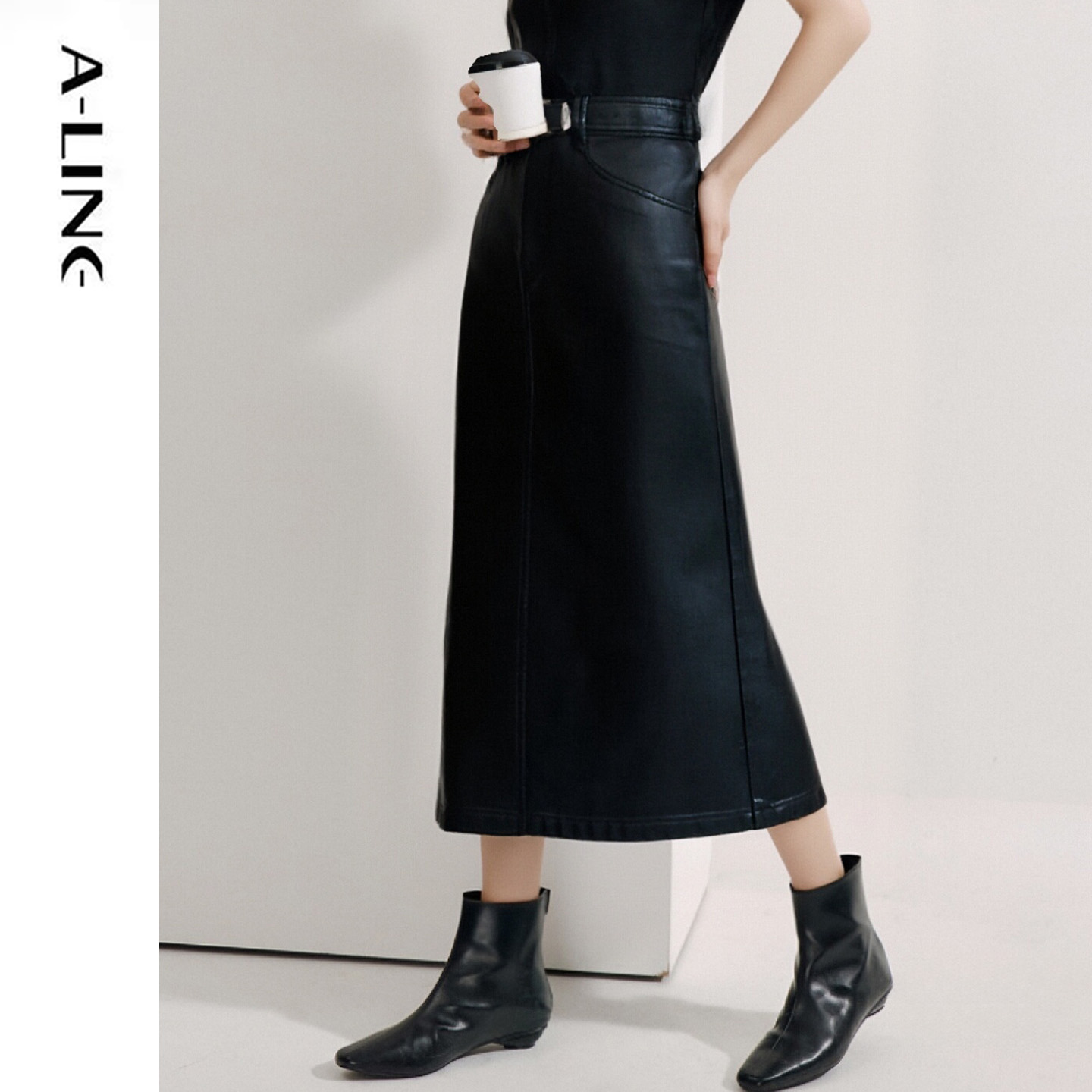 阿莱复古皮质中长款半身裙