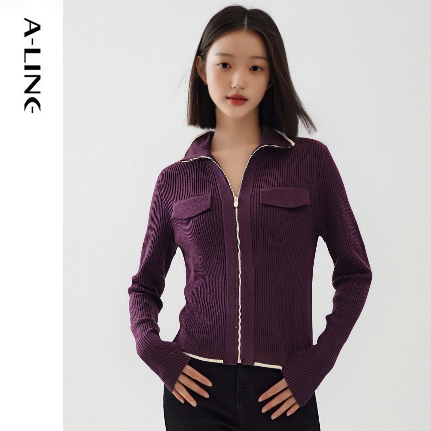 阿莱休闲立领撞色针织衫