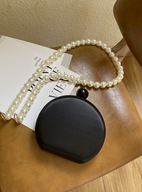 圆形晚宴包黑色手提珍珠宴会小包包斜挎时尚女包黑盒子包小圆包潮