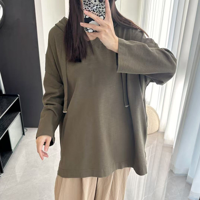 日系26新款cc45纯色经典竹节棉宽松洋气连帽减龄T恤卫衣