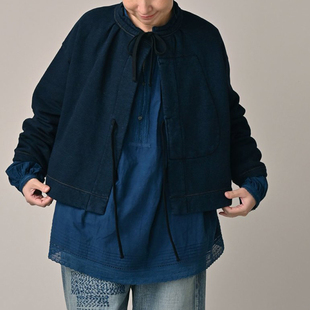 日系25秋冬新品系带棉绒后刺绣高品质纯色宽松百搭靛蓝外套女