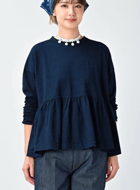 日系26新品CC45甜美时尚拼接荷叶裙摆遮肉显瘦竹节棉长袖T恤