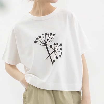 日系26夏新款Nop蒲公英印花后拼条时尚洋气百搭纯棉减龄短袖T恤女