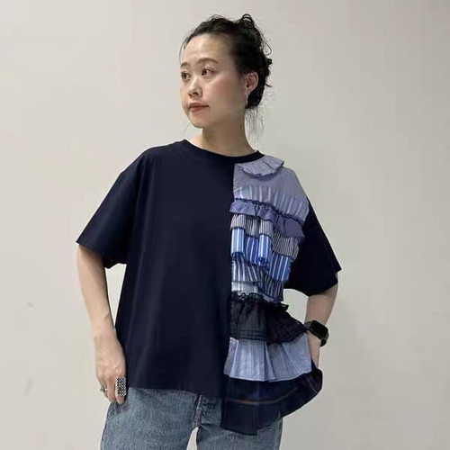 日系26夏新款beams荷叶层拼接时尚甜美百搭短袖T恤女