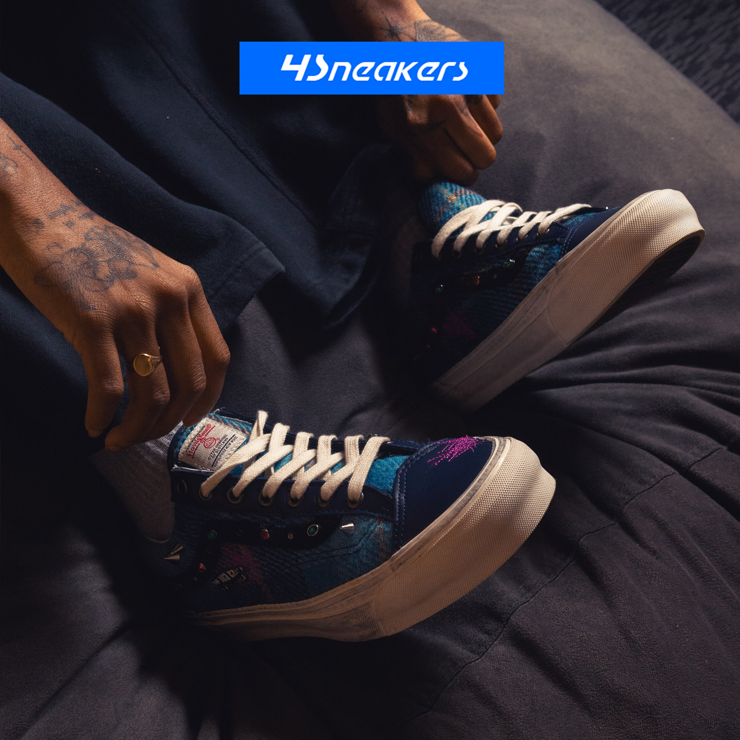 Harris Tweed×Vans 联名复古哈里斯粗花呢朋克铆钉休闲板鞋