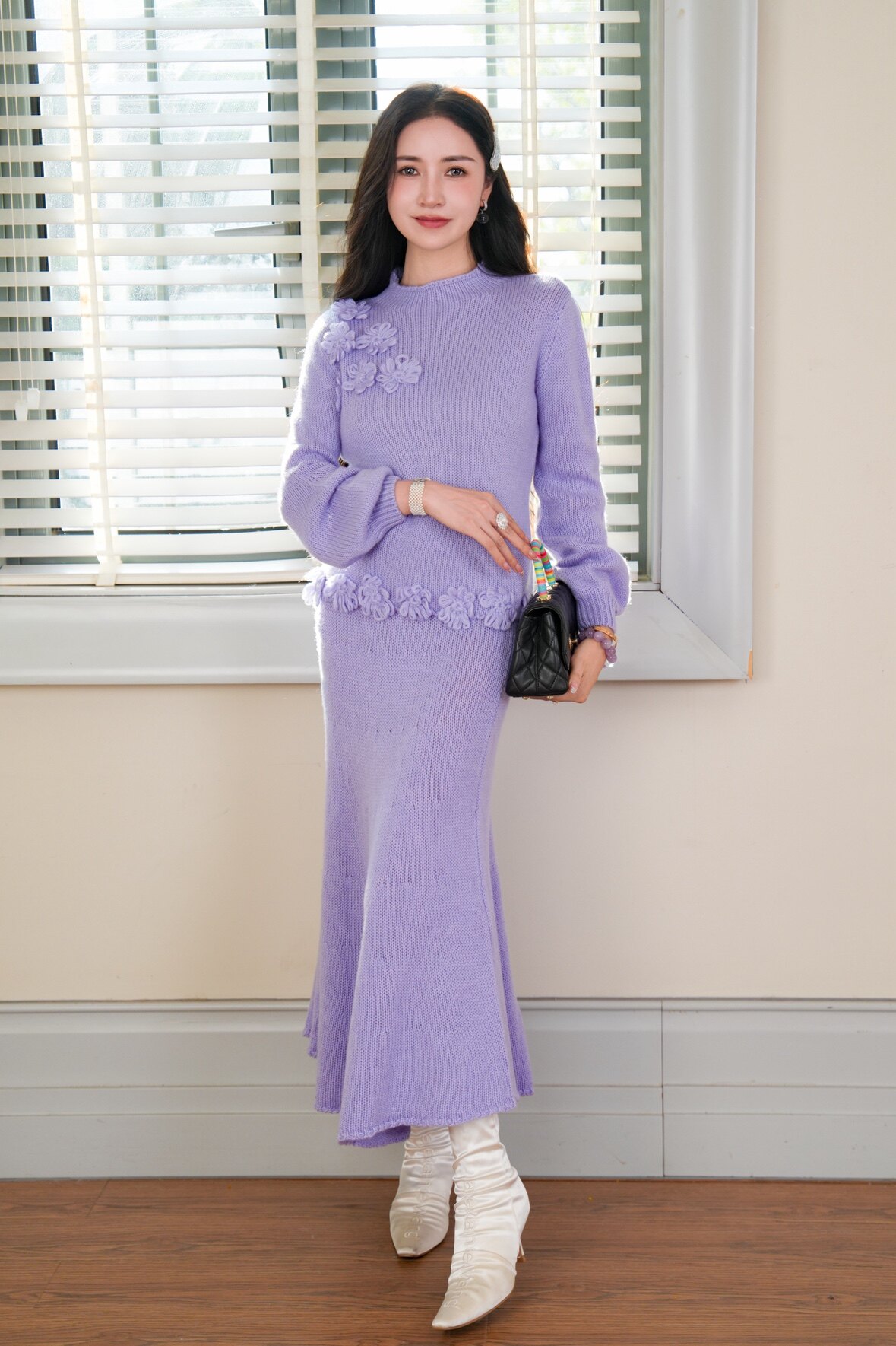 羊驼毛手工钩花鱼尾裙针织衫柔软糯毛衣套装紫色小个子羊绒毛衣