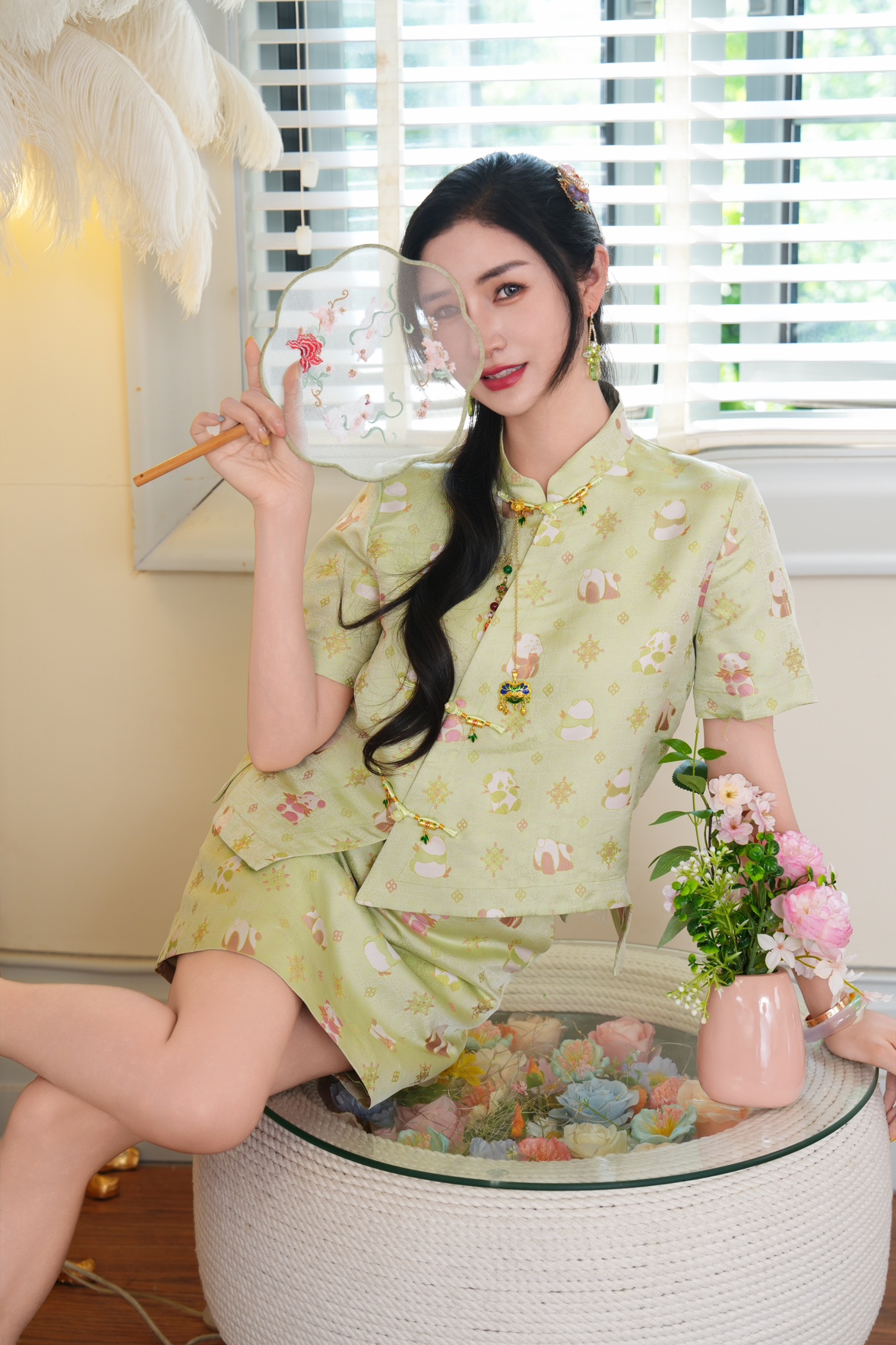 烨儿提花新中式套装女立领短袖上衣包裙桑蚕丝真丝提花套装