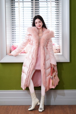 烨儿蒙口超大狐狸毛领新款大翻领显瘦长款羽绒服女白鹅绒外套女冬