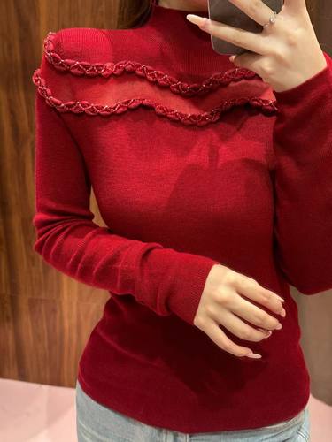 2025年冬季新款白色针织衫女半高领亮钻网纱好看气质小衫