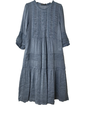 SD正品女士时尚设计感蕾丝边显瘦七分袖亚麻蚕丝连衣裙两件套1224