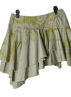 SD折扣蓝色美式复古辣妹风不规则荷叶边扎染百褶半身裙短裙1301