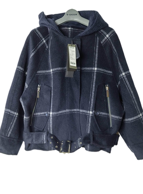 SD正品折扣女士时尚休闲格纹连帽51%绵羊毛呢外套2210