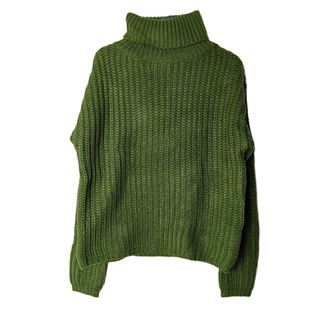 SD正品 折扣女士慵懒风绿色宽松百搭高领粗棒针织毛衣3538