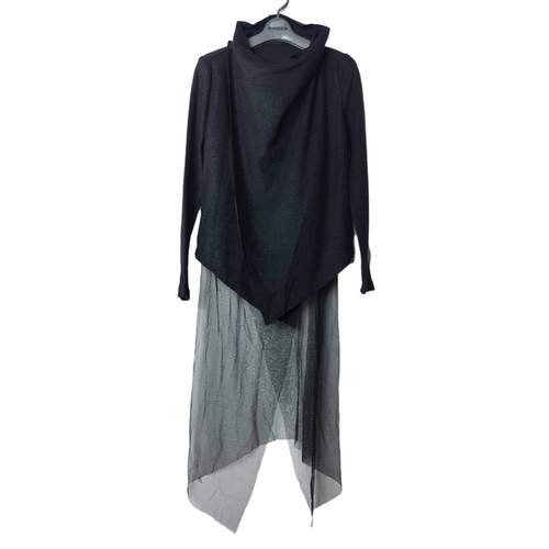 圣迪家不对称拼接网纱毛呢长外套