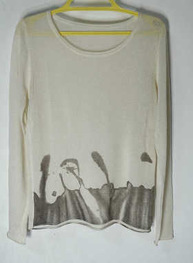 圣迪家正品特价女士夏季镂空抽象印花长袖弹性针织衫3590