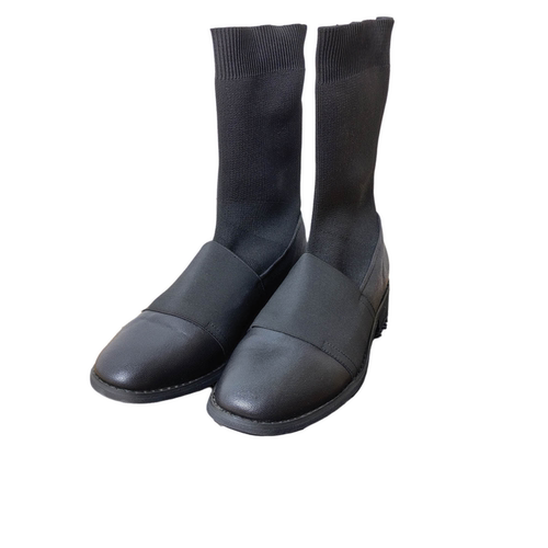 圣迪家拼接真皮弹力中筒靴