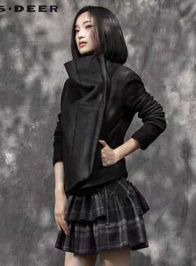 SD正品折扣女士时尚高级设计感宽松防风保暖立领羊毛革短款外套33