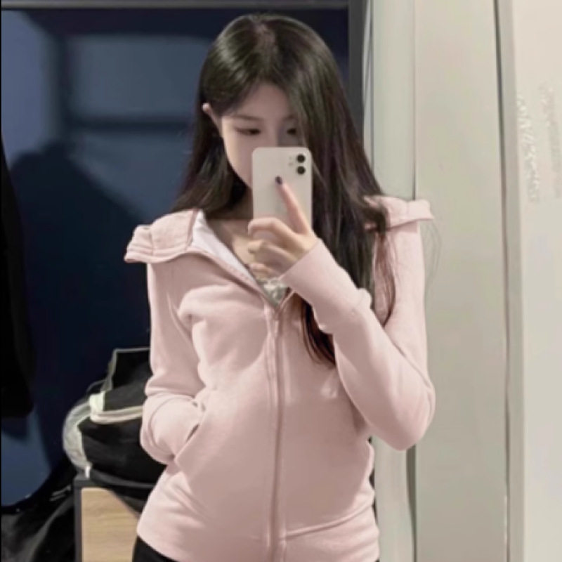 外套女款短款收腰春季穿搭修身连帽开春上衣紧身粉色卫衣2025新款