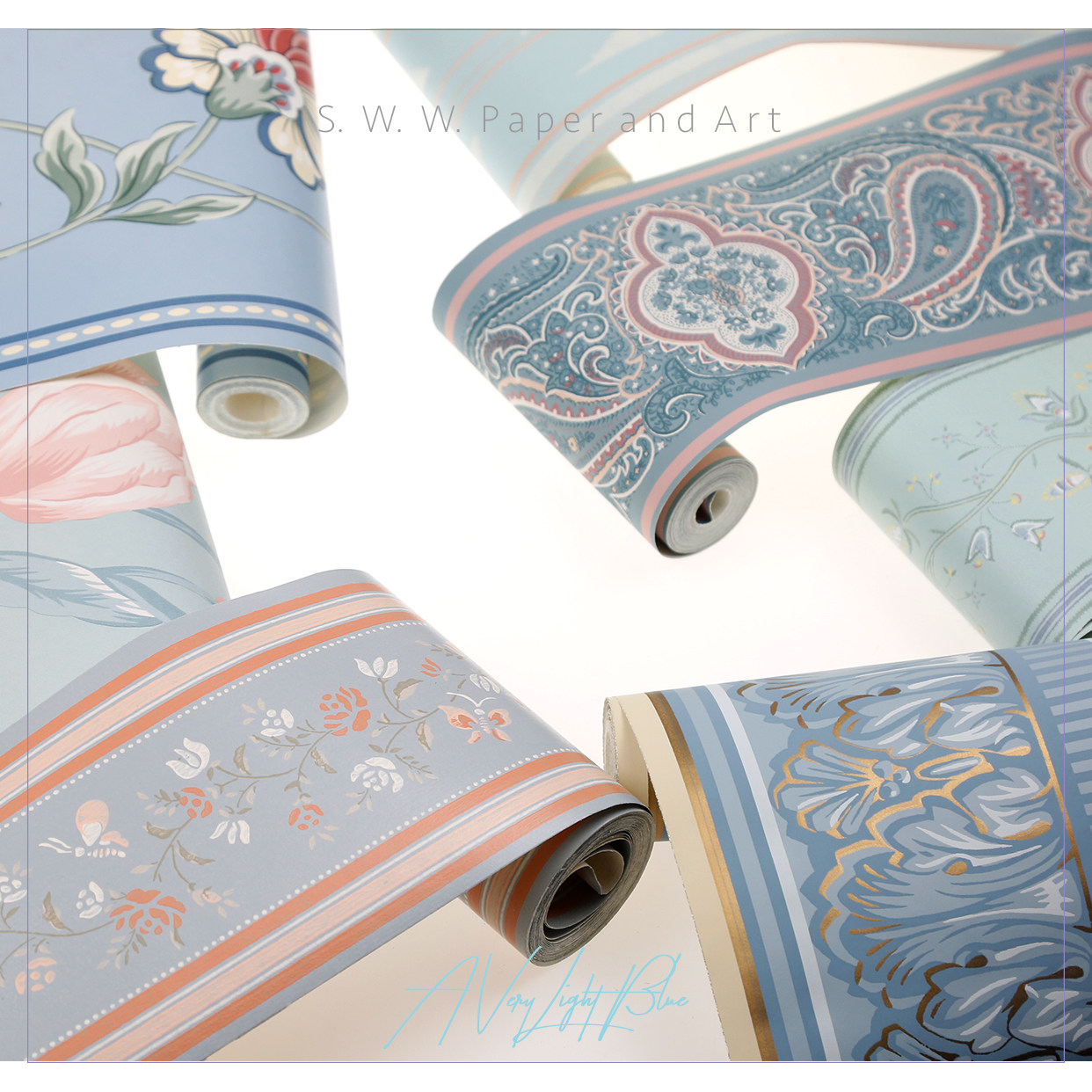 8款原装进口自粘可水洗防水墙纸腰线装饰条浅蓝色蓝色手绘店主推