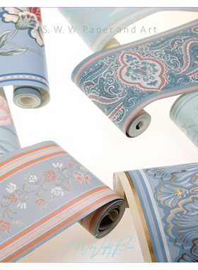 8款原装进口自粘可水洗防水墙纸腰线装饰条浅蓝色蓝色手绘店主推