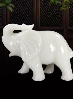 天然白玉石大象阿富汗白玉摆件纯手工雕刻桌面客厅玄关家居玉饰品