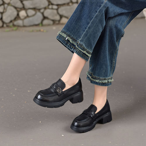 四起哥头层牛皮英伦厚底女乐福鞋