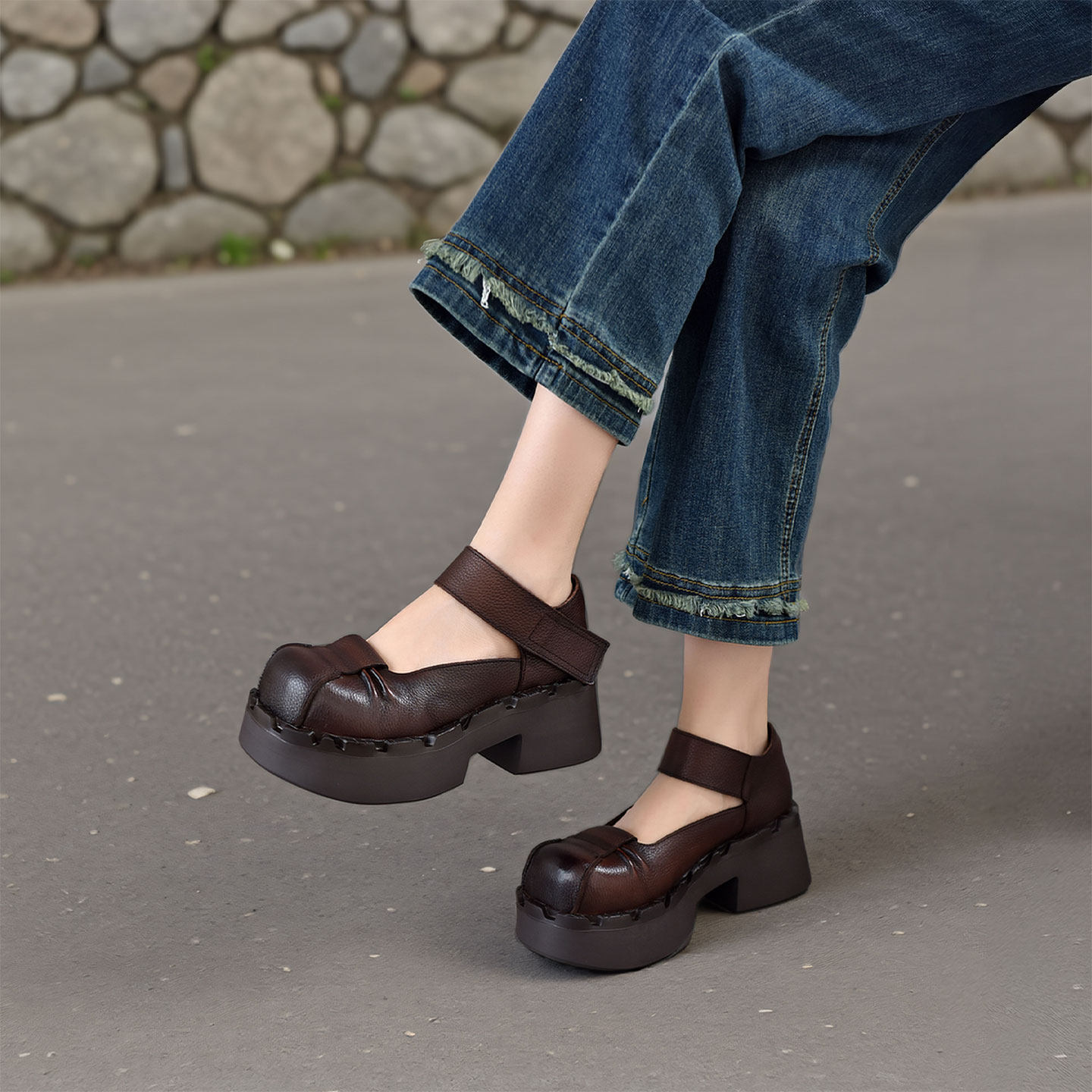 四起哥2026春秋真皮玛丽珍鞋女休闲复古厚底增高单鞋头层牛皮单鞋