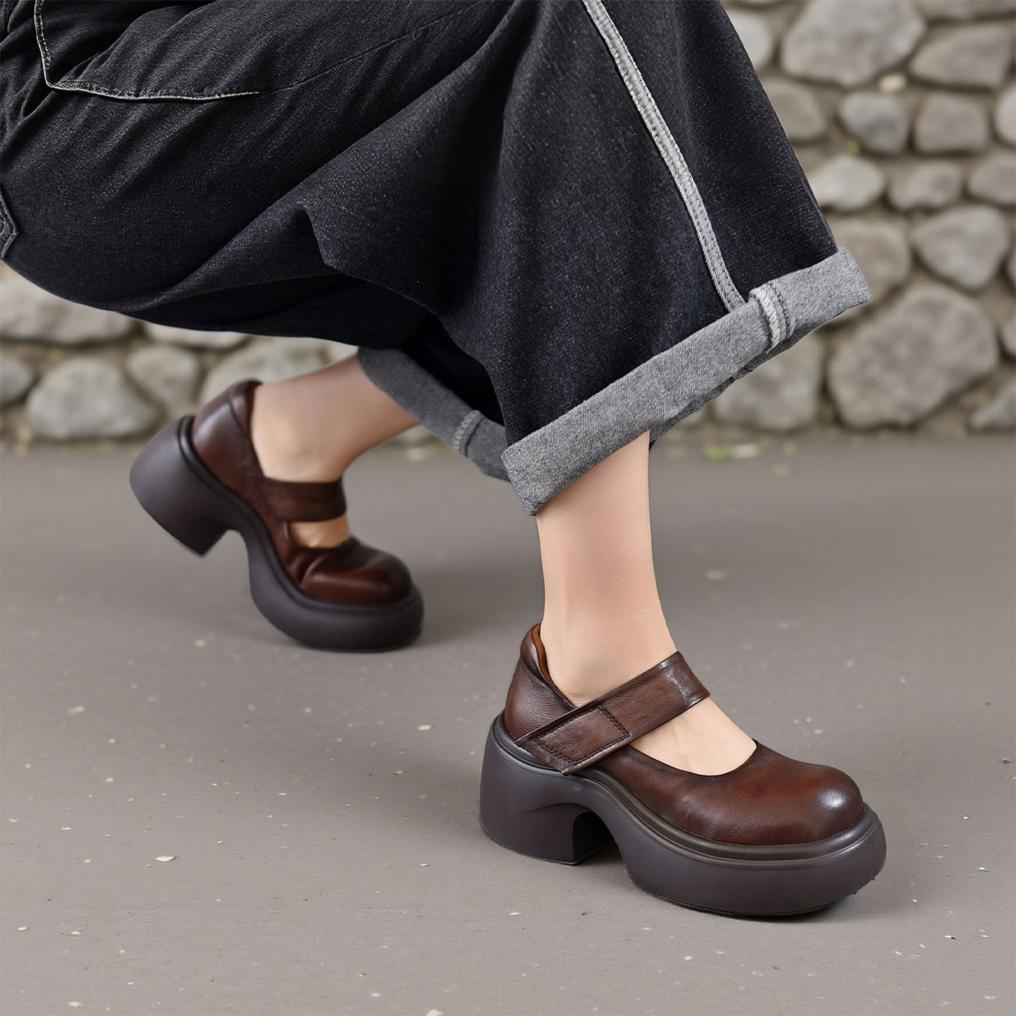 四起哥2026春法式复古厚底玛丽珍鞋女真皮魔术贴浅口单鞋头层牛皮,女鞋,玛丽珍鞋,淘宝优惠券,粉丝福利购,淘宝优惠卷